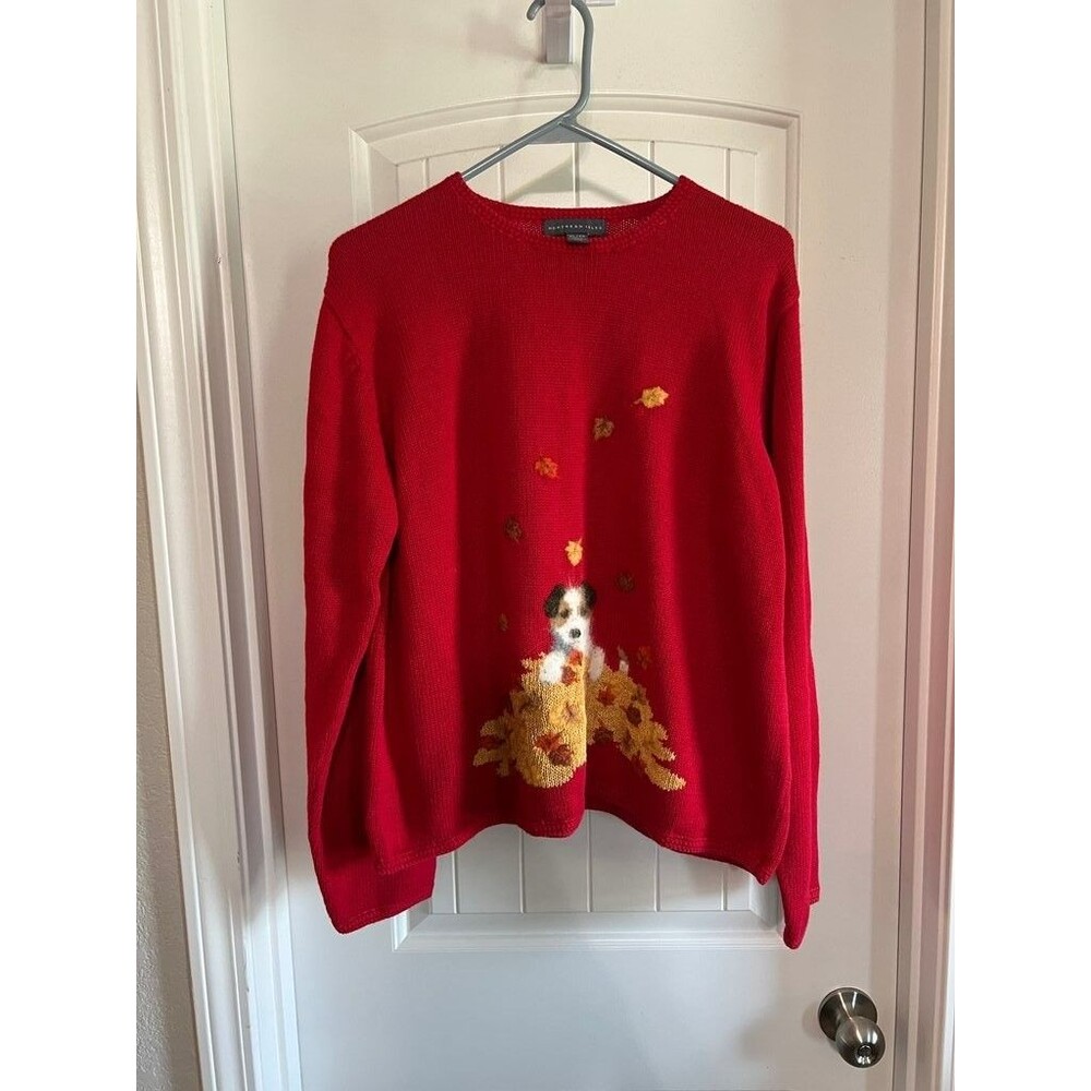 Northern Isles Red Sweater with Dog and Leaves Design